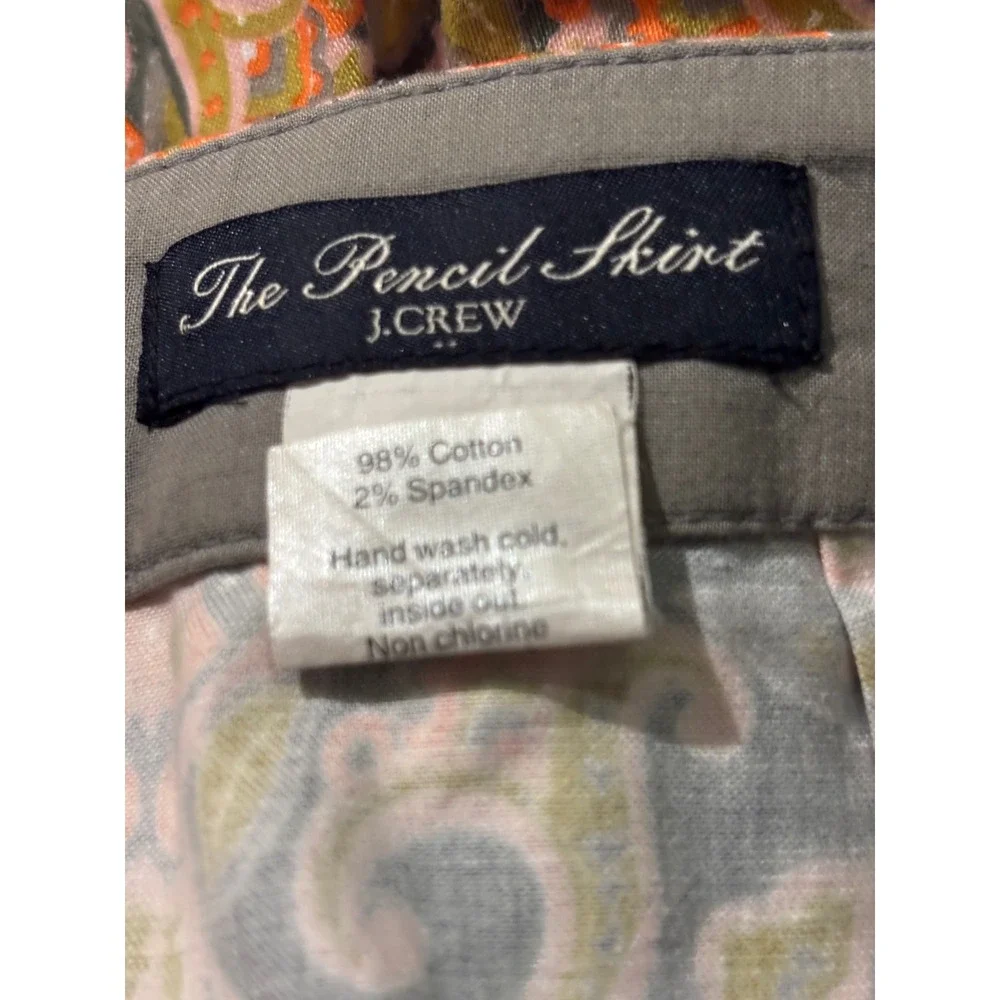 J.Crew The Pencil Skirt Orange Olive Paisley Stretch Cotton Size 2 37532